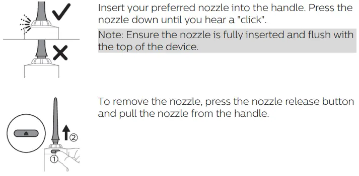 PHILIPS 3000 Series HX3806 Sonicare Cordless Power Flosser User Manual - Inserting and removing nozzles