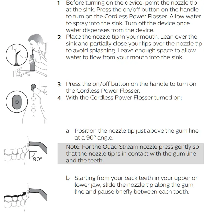 PHILIPS 3000 Series HX3806 Sonicare Cordless Power Flosser User Manual - Using your Cordless Power Flosser
