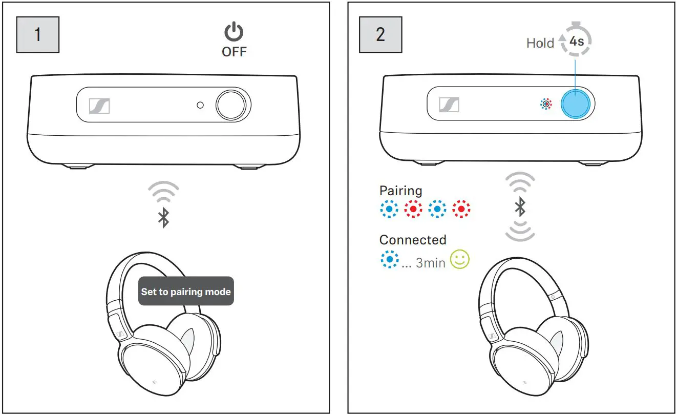 SENNHEISER Bluetooth Audio Instruction Manual Transmitter - Pairing the transmitter to the headphones