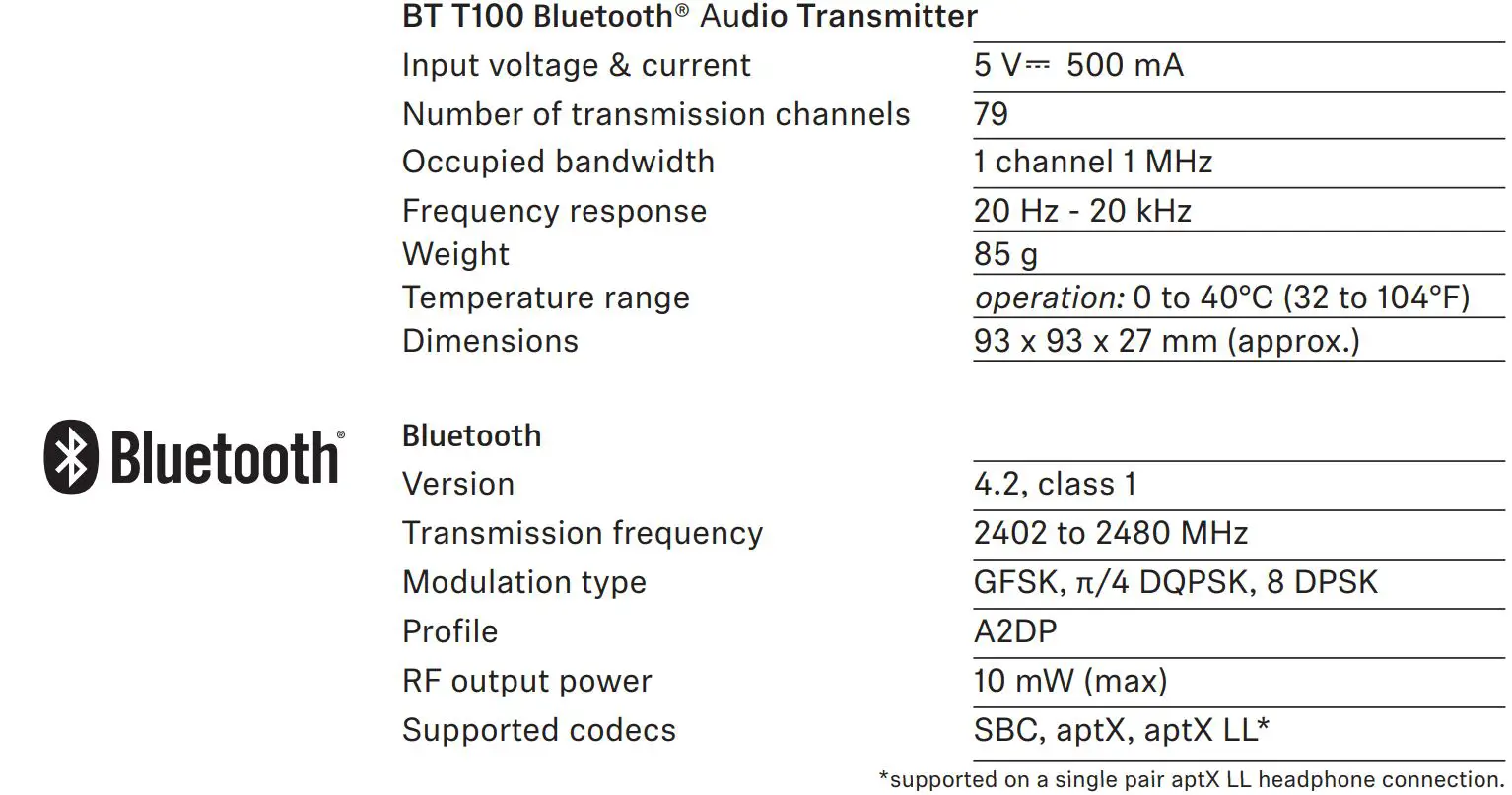 SENNHEISER Bluetooth Audio Instruction Manual Transmitter - Specifications