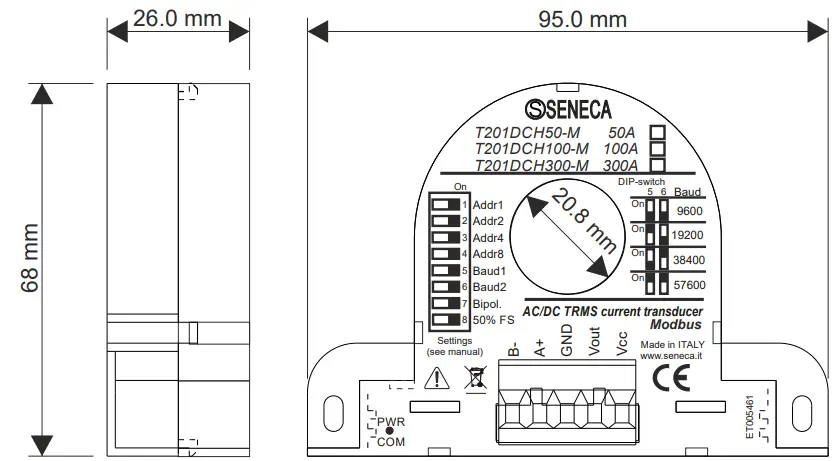 SENECA AC DC True RMS or DC Bipolar Current Transducer with RS485 Port and Modbus RTU Protocol-fig3