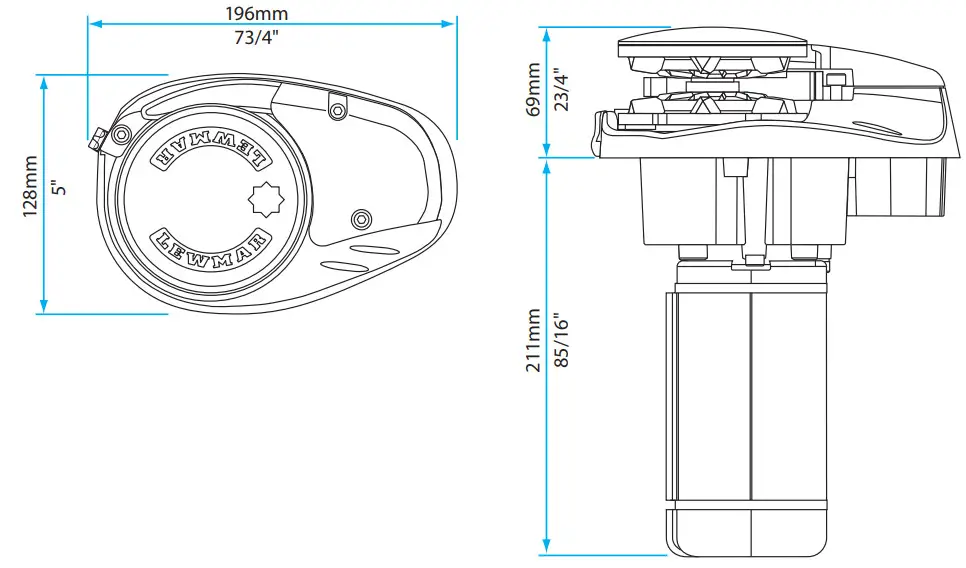 LEWMAR 65001022 V700 Vertical Windlass Replacement Motor Kit - Dimensions Diagram