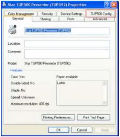 Star Micronics Thermal Kiosk Receipt Printer - Open TUP500 Config tab