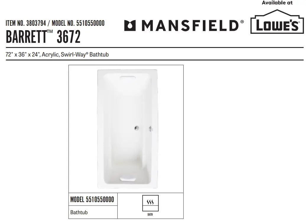 MANSFIELD 3803794 Acrylic Swirl-Way Bathtub Installation Guide