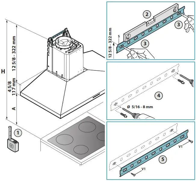 falmec FPVUX36W6SSR 36 Inch Stainless Steel Convertible Chimney Style Wall Mount Hood - Installation measurements