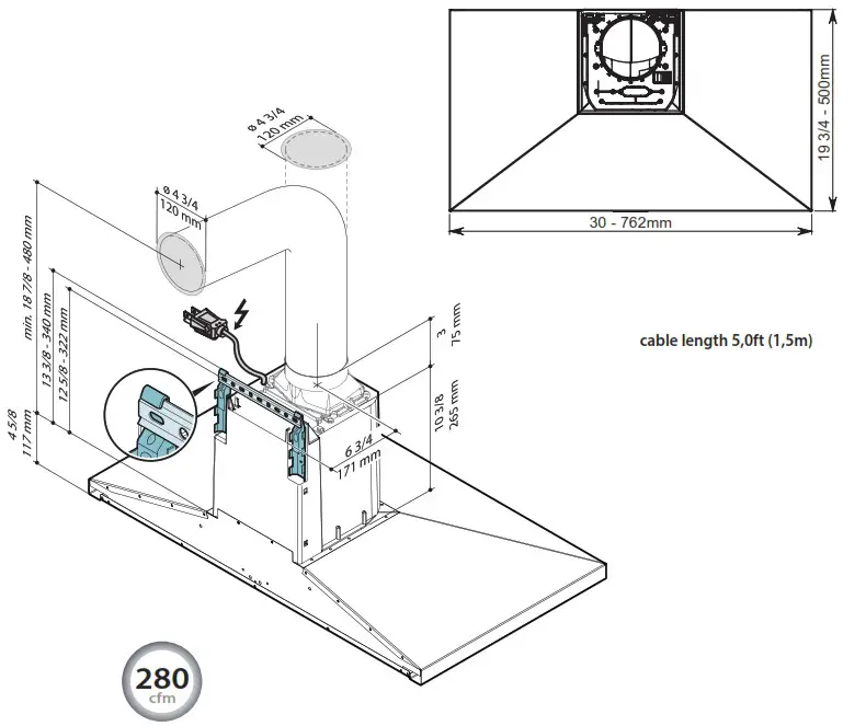 falmec FPVUX36W6SSR 36 Inch Stainless Steel Convertible Chimney Style Wall Mount Hood - overview 4