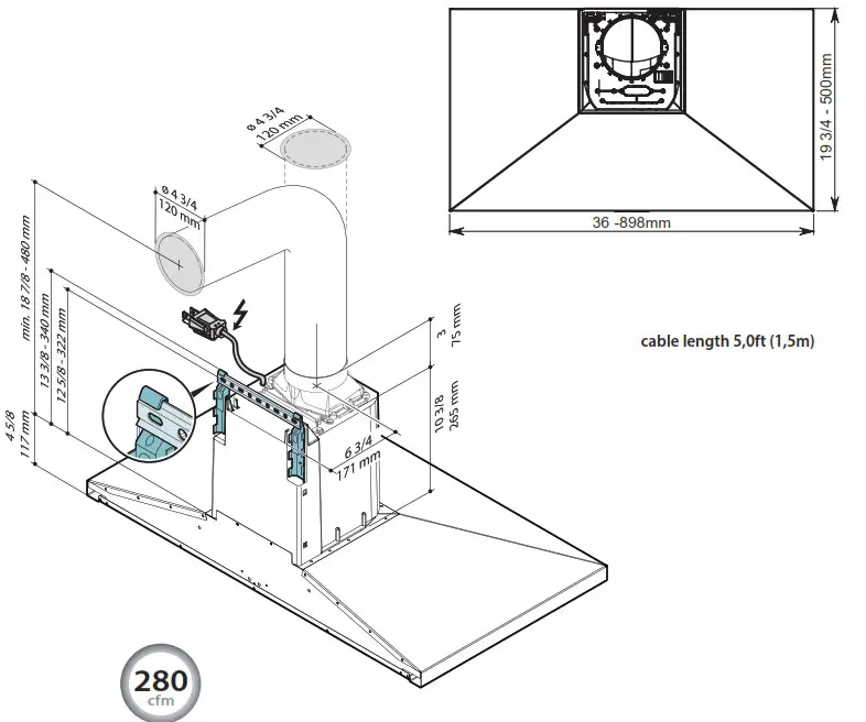falmec FPVUX36W6SSR 36 Inch Stainless Steel Convertible Chimney Style Wall Mount Hood - overview 6