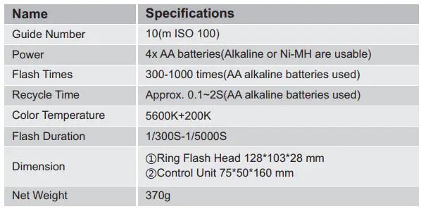 Godox ML-150 Macro Ringflash User Manual - SPECIFICATIONS