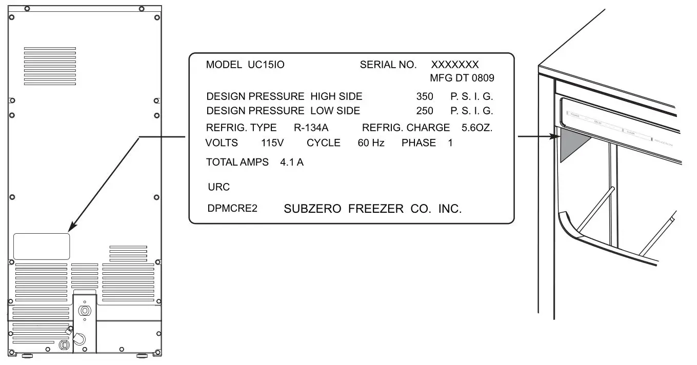 SubZero UC-15I 15 Inch Undercounter Ice Machine - Serial Number Tag Information
