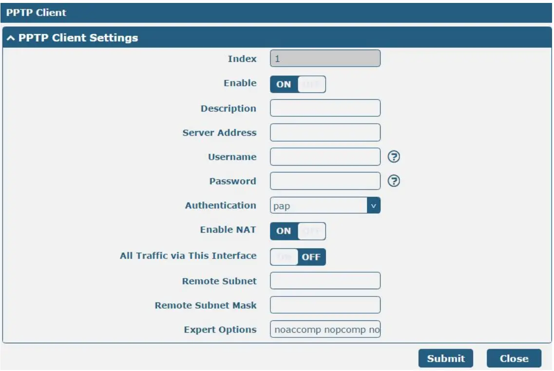 robustel PPTP Point to Point Tunneling Protocol App - setting 1