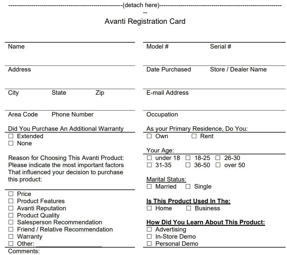 Avanti OR525U5D Outdoor Refrigerator - Registration Card