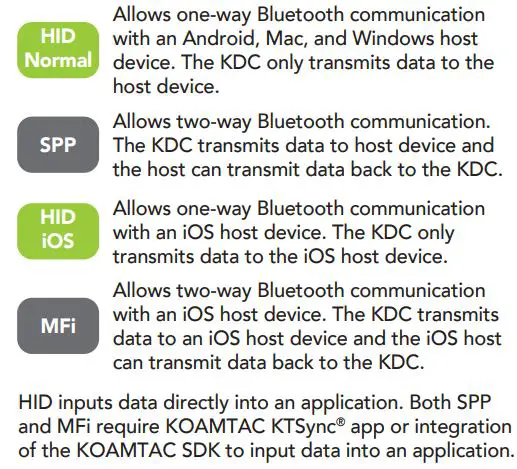 KOAMTAC KDC350 2D Wireless Barcode Scanner User Guide - Bluetooth Proles Explained