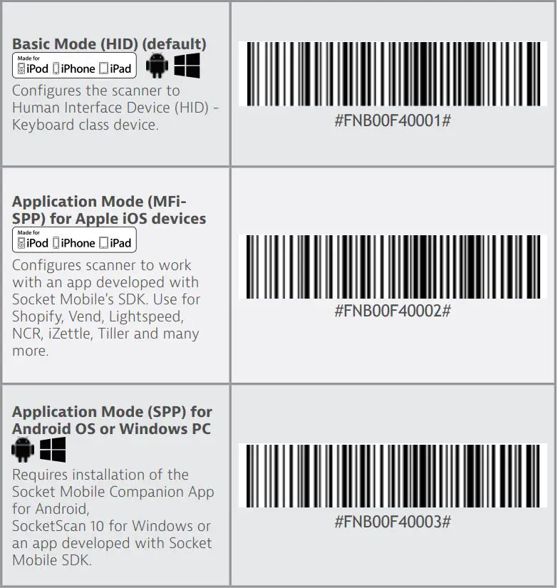 socket S800 Linear Screen Barcode Scanner User Guide - Bluetooth Connection Modes