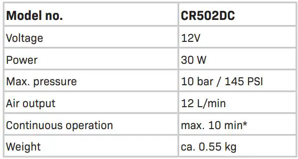 VONROC CR502DC 12V Mini Compressor Instructions - TECHNICAL SPECIFICATIONS