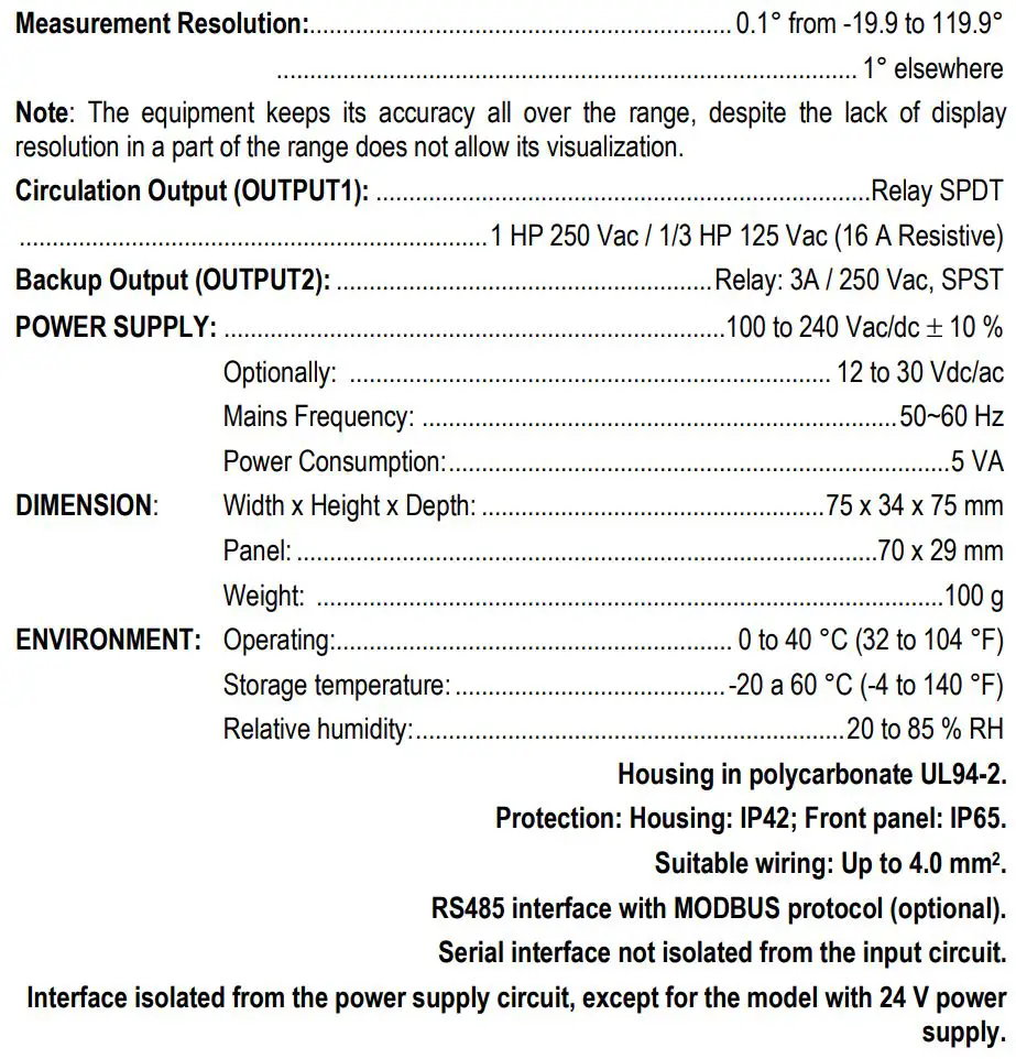 NOVUS N322S Temperature Controller, Electronic Thermostats User Manual - SPECIFICATIONS