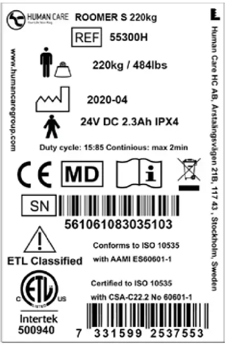 HUMAN CARE 55300H Roomer S Overhead Lift with Hanger Bar Product label