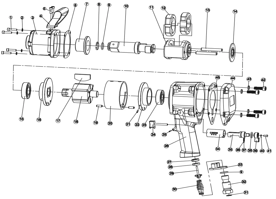 HARBOR FREIGHT 62355 Central Pneumatic 1 Inch Pistol Grip Air Impact Wrench - assembly Diagram