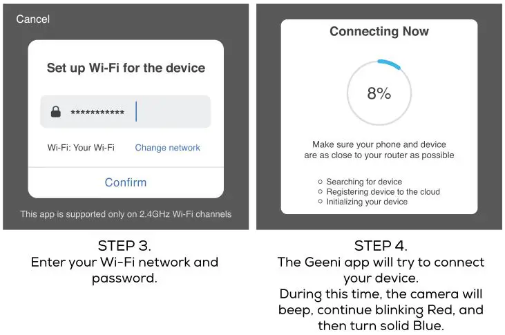 geeni Smart Wi-Fi Floodlight Camera - Add device. Method 1 Step 3 & 4