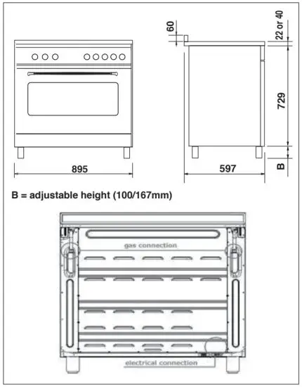 ARTUSI CAFG90X 90cm Freestanding Dual Fuel Oven - DIMENSIONS