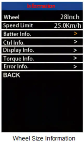 Key Disp KD986 Electric Bike Display - Whel size