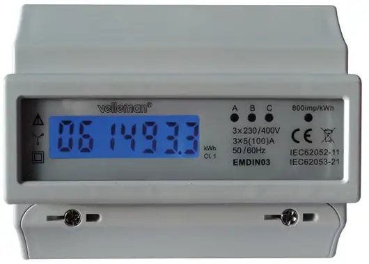 Velleman EMDIN03 3 PHASE 7 MODULE DIN RAIL MOUNT kWh METER