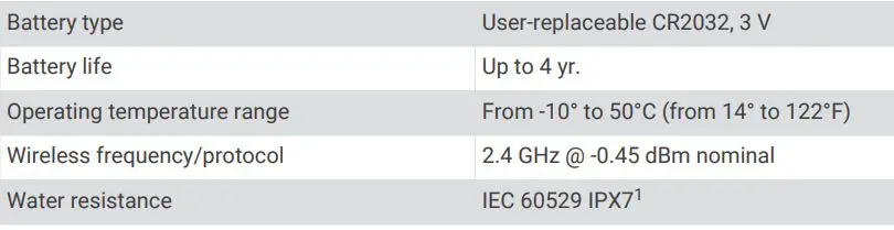 GARMIN Approach CT10 Golf Club Tracking System Owner’s Manual - Specifications