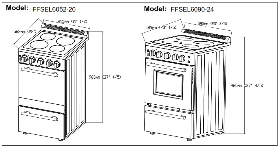 FORNO FFSEL6052-20 20 Inch Pallerano Electric Range - PRODUCT DIMENSIONS AND CABINETS