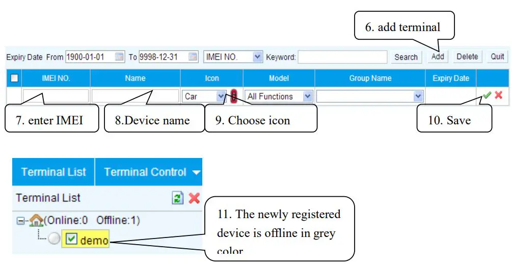 GPS103AB GSM GPRS GPS Tracker User Manual - Add a terminal