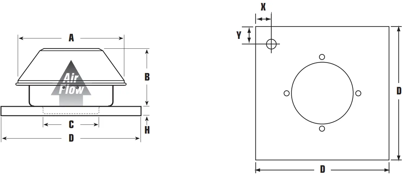fanteck RE Series Exterior Roof Wall Centrifugal Fans - Dimensions