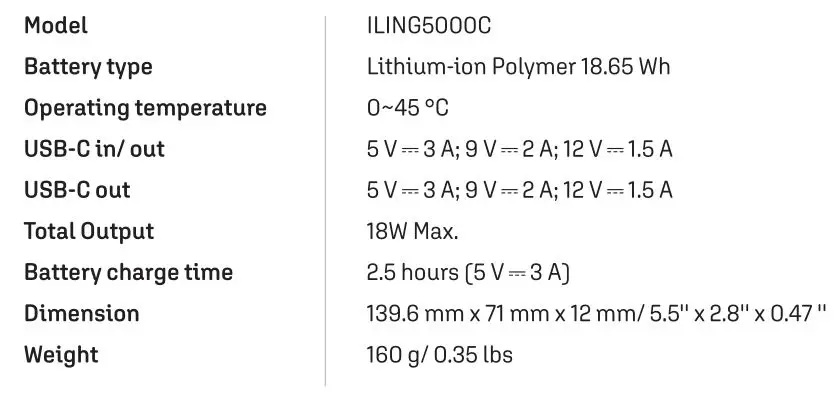 InfinityLAB InstantGo 5000 Built -USB-C Cable - specification