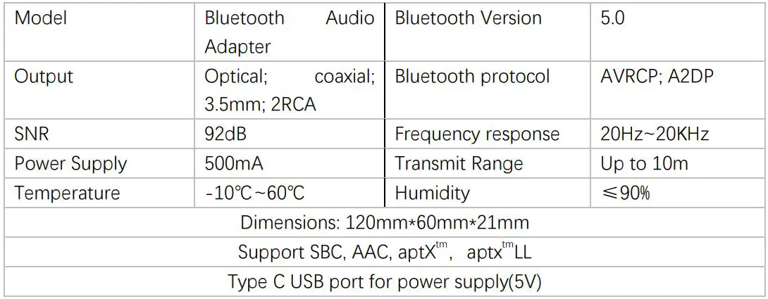 FONERIC 2ARYGHOMI Bluetooth Audio Adapter - Specification
