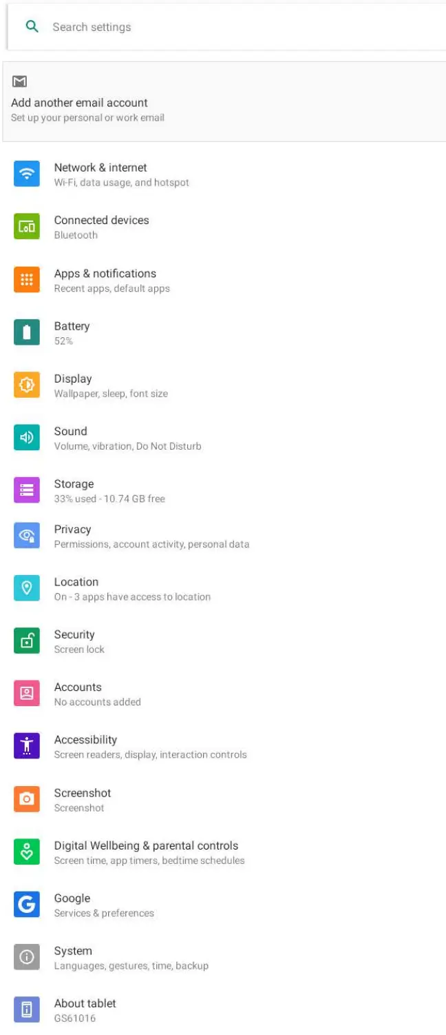 GENER8 GS61016 Tablet - More Settings