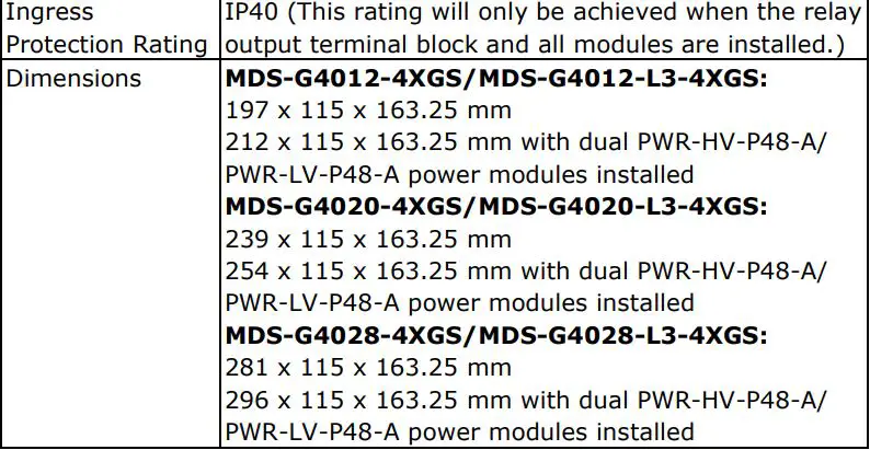MOXA MDS-G4000-4XGS Layer 2 Managed Switches Installation Guide - Specifications