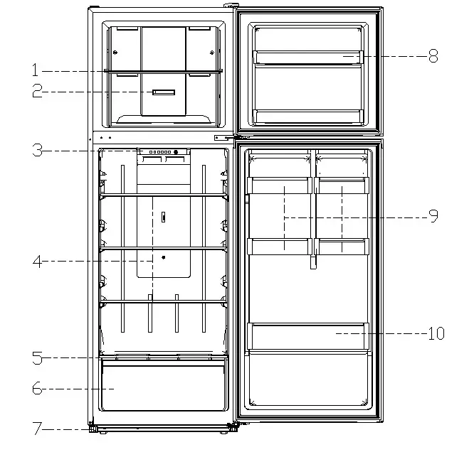 CHiQ CTM348NW2 Top Mount Frost Free Fridge - PART NAMES AND LOCATIONS
