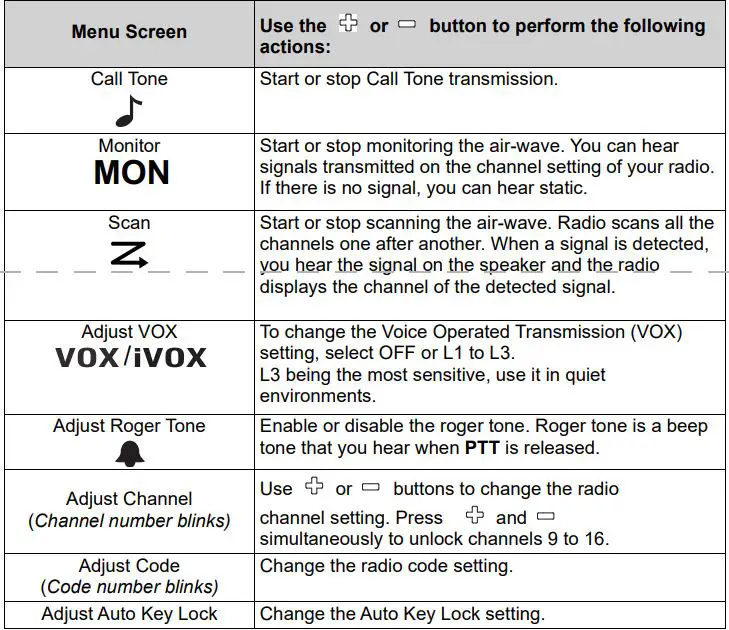 Motorola Solutions XT185 Two Way Radio User Guide - Menu Screen