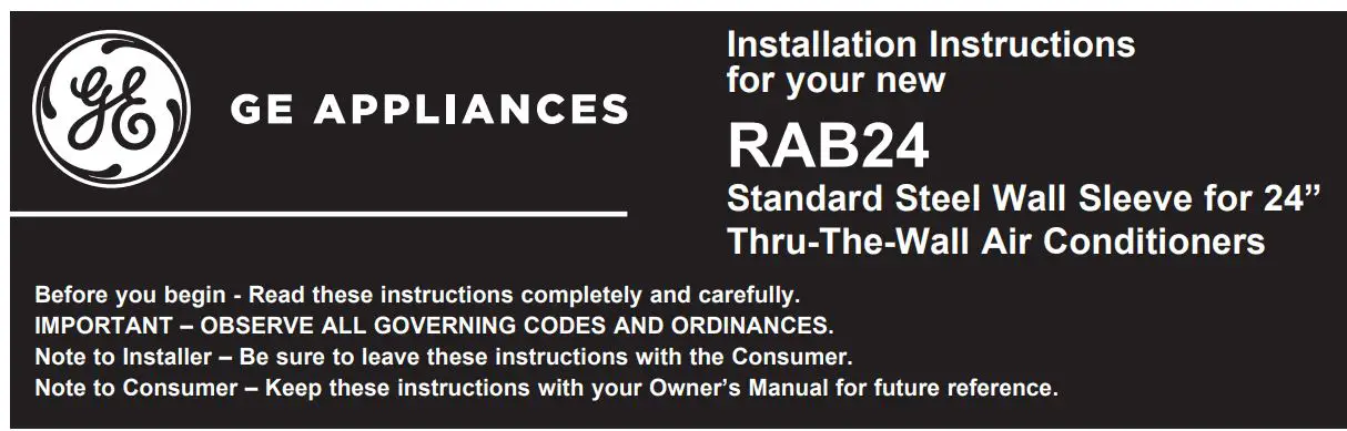 GE APPLIANCES RAB24 Standard Steel Wall Sleeve Instruction Manual