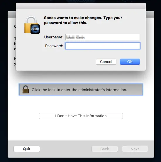 User password entry request pop-up on Mac