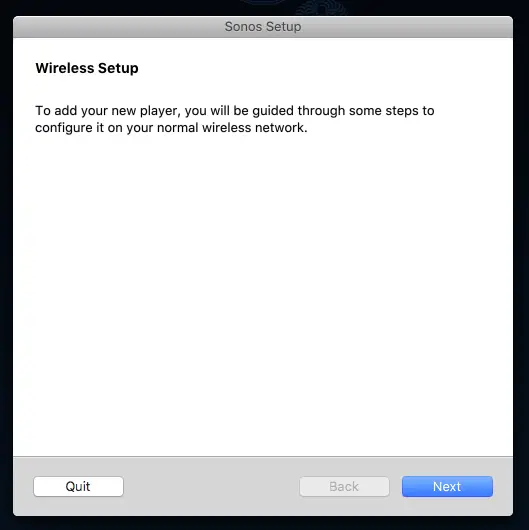 Wireless setup introductory screen