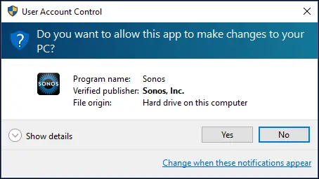 User Account Control pop-up on Windows