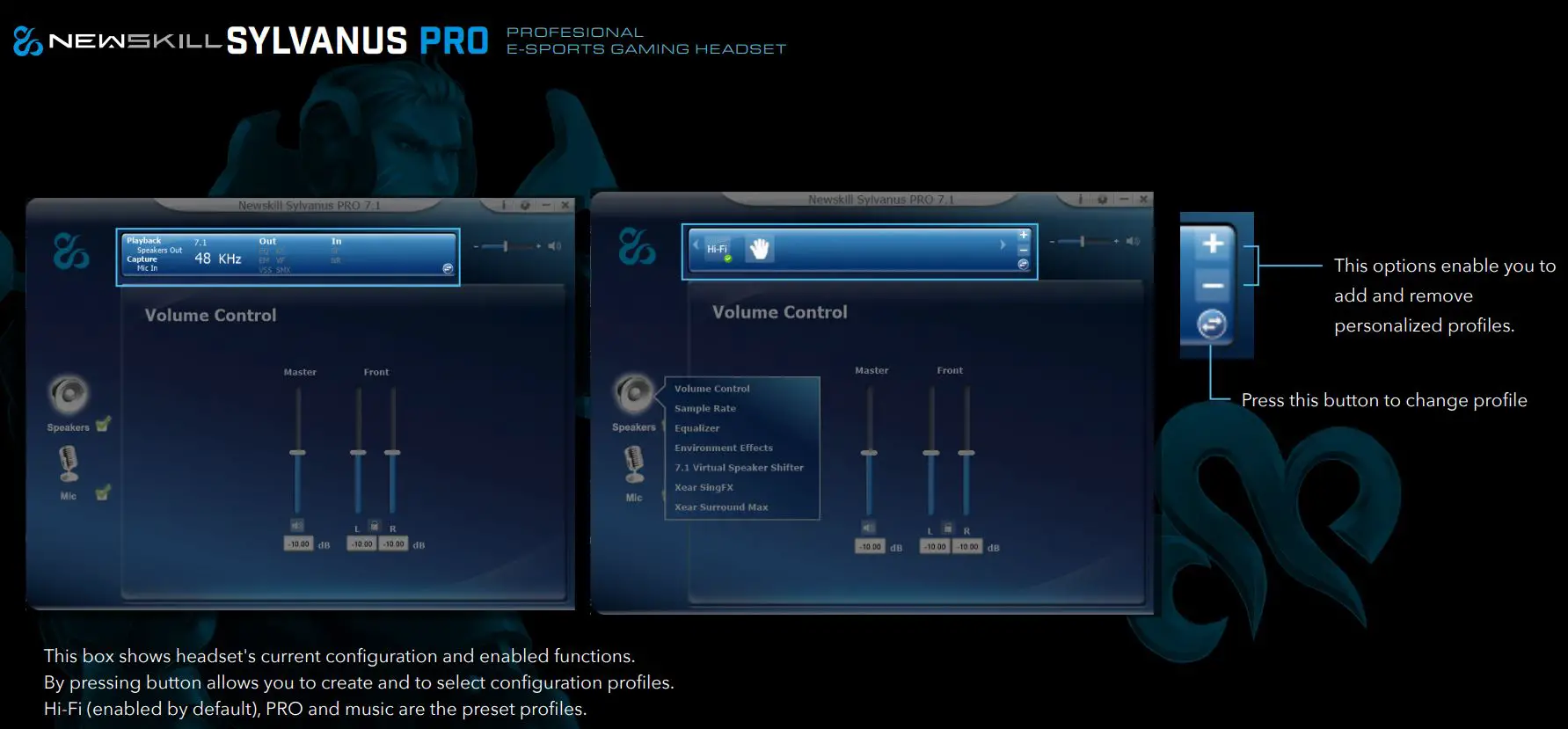 NEWSKILL Sylvanus Pro Professional E-Sports Gaming Headset User Guide - This box shows headset's current configuration and enabled functions