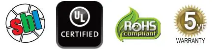 sbi, ul certified, rohs, 5 year warranty logo