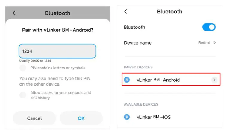 Vgate vLinker BM+ OBD2 Bluetooth Scanner for BMW Mini BimmerCode - Enter the pairing code 1234