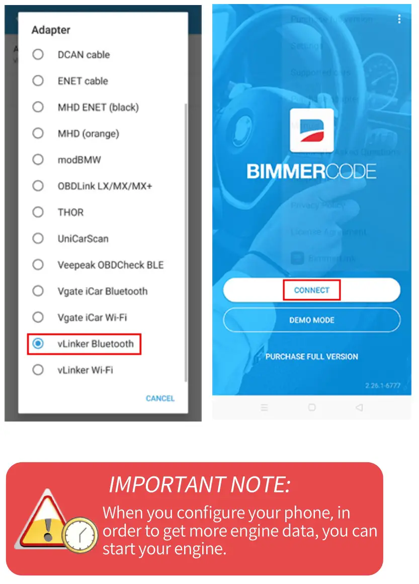 Vgate vLinker BM+ OBD2 Bluetooth Scanner for BMW Mini BimmerCode - Return to the main page of the app, click CONNECT