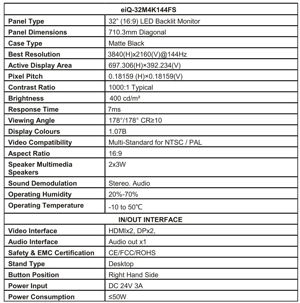 electriQ EIQ-32M4K144FS 32-Inch LED Monitor - SPECIFICATION
