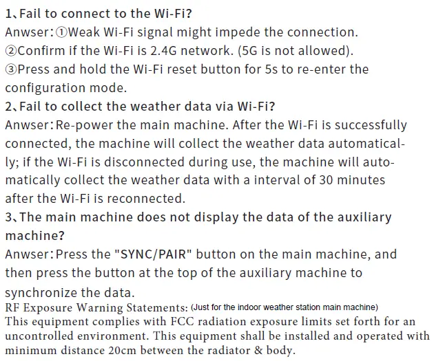 Shenzhen Juku Intelligent Technology SWS-V000 Smart Weather Station with Clock User Guide - Troubleshooting