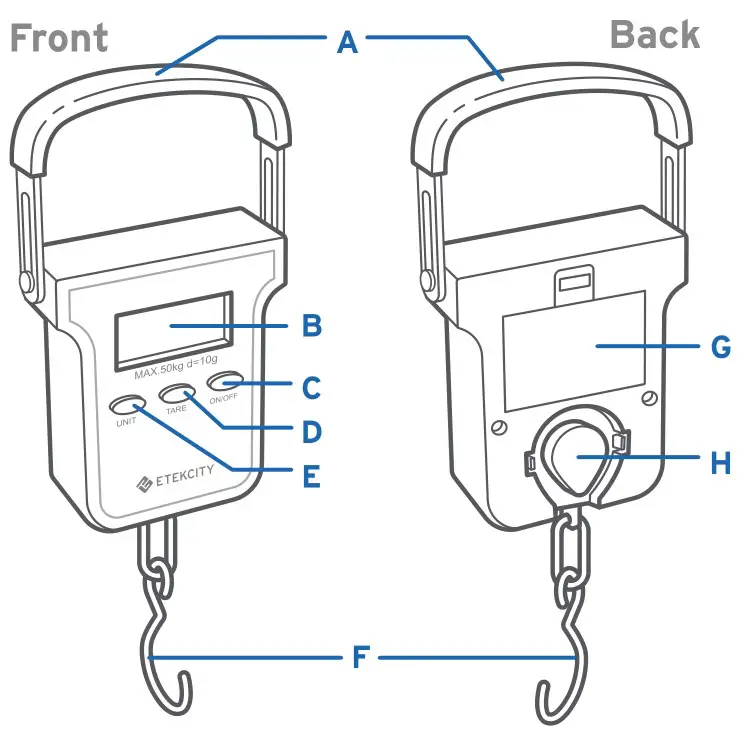 ETEKCITY EHS-18 Digital Hanging Scale - Function Diagram
