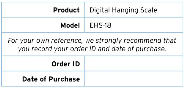 ETEKCITY EHS-18 Digital Hanging Scale - Warranty Information