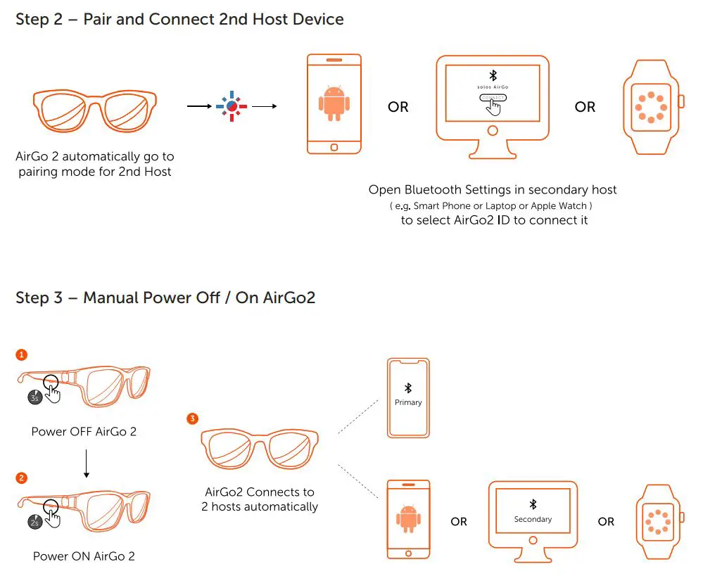 solos AirGo 2 Smart Glasses User Manual - Pair and Connect 2nd Host Device