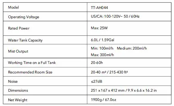 TAOTRONICS TT-AH044 -Ultrasonic- Cool Mist -Humidifier- FIG 16