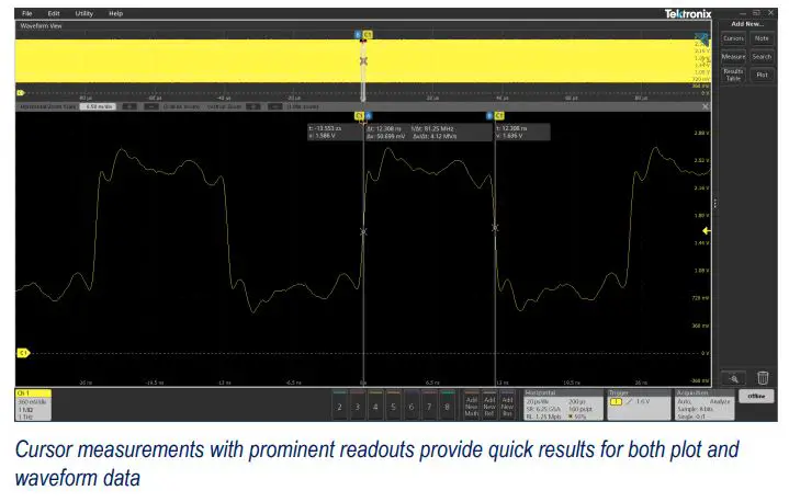 Tektronix TekScope Analysis Datasheet - Cursor measurements with prominent readouts provide quick results